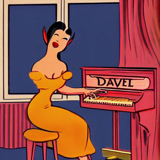 Image similar to vintage beautiful woman, wearing devil horns and sitting in an piano, retro cartoon