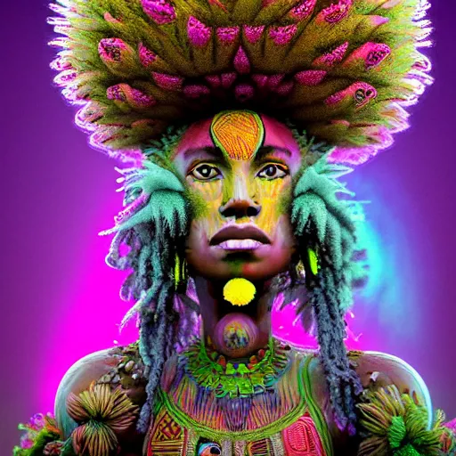 Image similar to a female african marijuanna! shaman with an afro made of flowers, third eye art art by machina infinitum, complexity from simplicity, rendered in octane, mandelbulb 3 d, ambient occlusion, macro photography, felt!!! texture, tribal, pastel! retrowave
