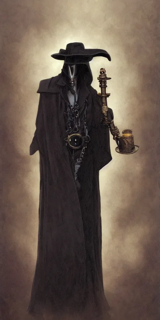 Image similar to portrait of man in black trench coat, wearing a steam punk plague doctor mask and a black top hat, a small wooden flute is held in his right hand. highly detailed, artstation, concept art, by krenz cushart and donato giancola and william adolph bouguereau and alphonse mucha,