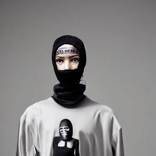 Image similar to realistic photoshooting for a new balenciaga lookbook, color film photography, portrait of a beautiful woman, model is wearing a balaclava mask, in style of tyler mitchell, 3 5 mm,