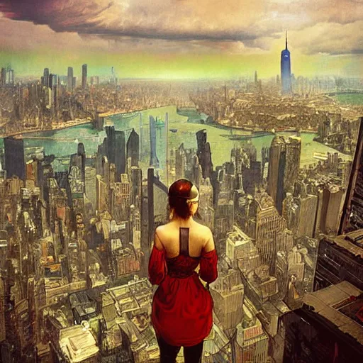 Image similar to “ a girl standing on a ledge looking down at a futuristic new york city below, cyberpunk, ghostpunk, storm clouds, very detailed, by alphonse mucha ”