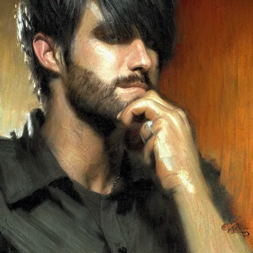 Image similar to A handsome emo guy, close-up painting by Gaston Bussiere, Craig Mullins