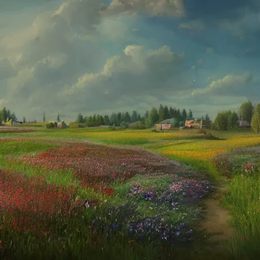 Image similar to a matte painting of a european prairie, cottage town, patchy flowers, oil painting, pale colors, high detail, 8 k, wide angle, trending on artstation,