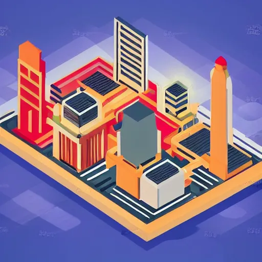 Prompt: isometric photo of a futuristic art deco city, realistic style, bold colors, at golden hour