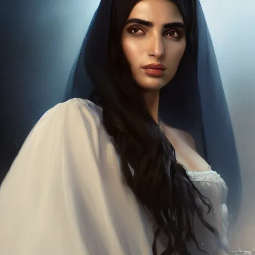 Image similar to a Photorealistic dramatic hyperrealistic render of greek arab ameera al taweel, blue eyes, wavy black hair, white veil,by WLOP,Artgerm,Greg Rutkowski,Alphonse Mucha, Beautiful dynamic dramatic dark moody lighting,shadows,cinematic atmosphere,Artstation,concept design art,Octane render,8K