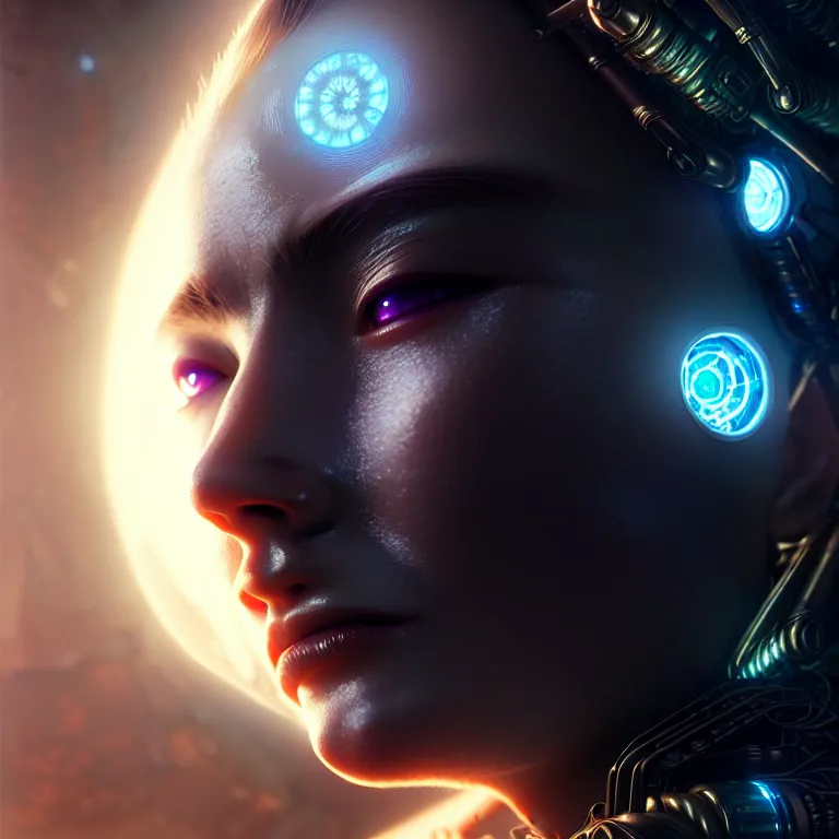 Image similar to ultra realistic beautiful cyborg deity eyes closed, scifi, cyberpunk, fantasy, intricate details, movie still, highly detailed, photorealistic, octane render, eerie, 8k, art by artgerm and michael welan and greg rutkowski