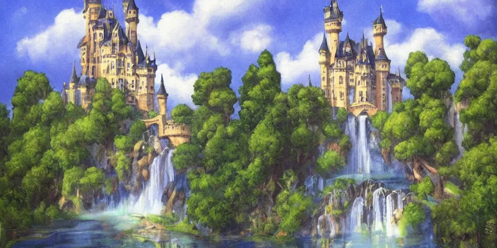 Prompt: a castle in the sky,painting,art nouveau,moat into waterfall