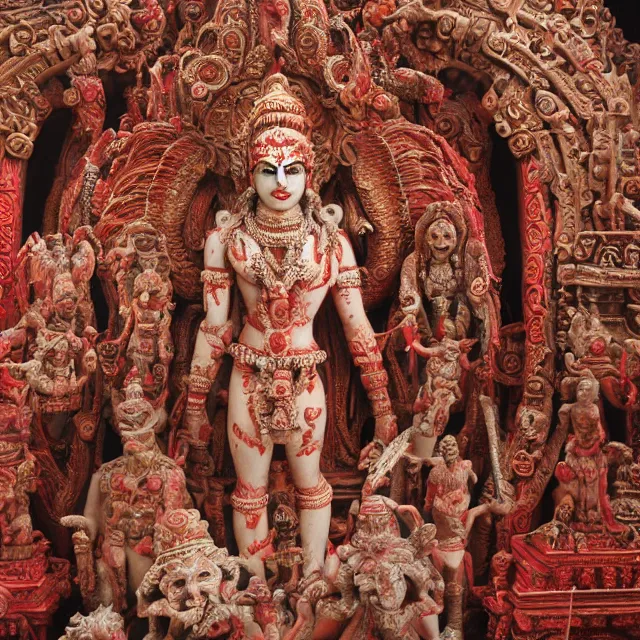 Image similar to temple made of flesh, hindu ornaments, blood god statue at the center, angel statues, 8 0's horror movie film still, highly detailed, symmetry, award - winning photography, 1 2 0 mm