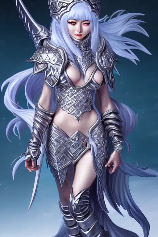 Prompt: sakimi chan, silver fantasy armor, detailed face, tony sart