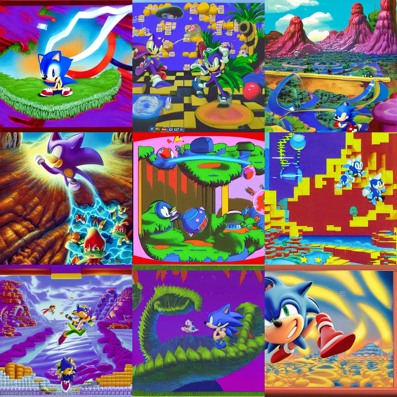 Prompt: sonic hedgehog dreaming of puffy closeup portrait colossal claymation scifi matte painting landscape of a surreal lava, retro moulded professional wooden pastels high quality airbrush art tawdry album peaceful of a liquid dissolving airbrush art lsd sonic the hedgehog swimming through cyberspace purple ambiguous checkerboard background 1 9 8 0 s 1 9 8 2 sega genesis video game album cover