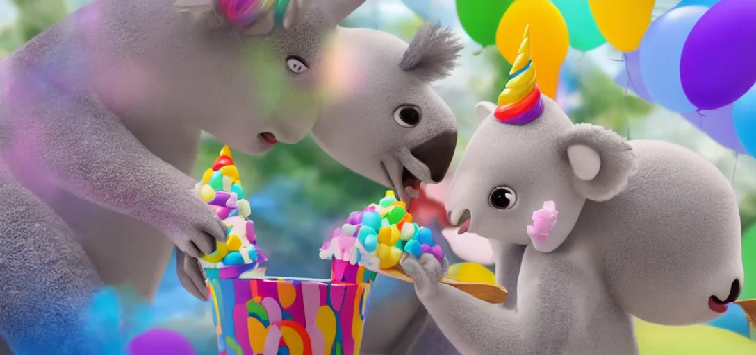 Prompt: a medium shot of a unicorn and koala enjoying ice cream cones at a birthday party for penguins, highly detailed, Pixar movie, anamorphic lens