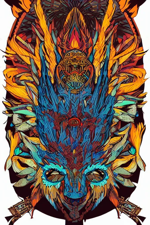 Image similar to animal mask totem roots flower tribal feather gemstone plant wood rock shaman vodoo video game vector cutout illustration vivid multicolor borderlands comics by josan gonzales and dan mumford radiating a glowing aura