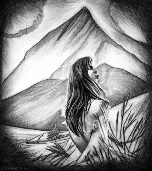 Image similar to tattoo design sketch of megan fox against a background of beautiful mountains and nature, hyper - realistic, in the style of den yakovlev, amazing detail, black and white