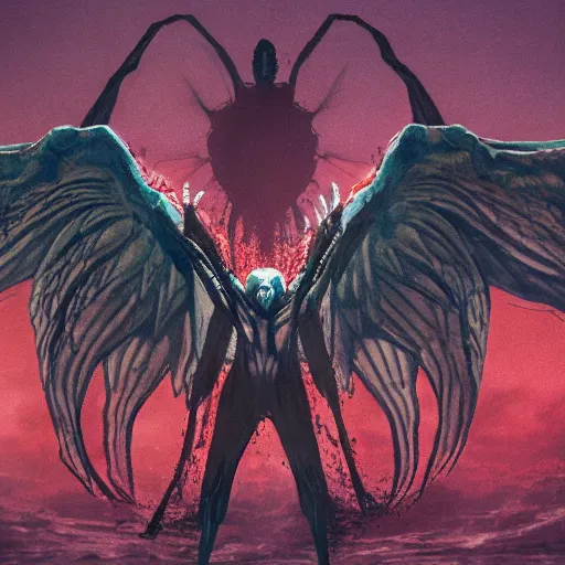 Image similar to 4K headshot of mothman with defined arms and open hands and bloody victims with giant wings , intricate face , flawless anime cel animation by Kentaro Miura,psychedelic , highly detailed upper body , professionally post-processed , beautiful, scary, symmetry accurate features, epic, octane rendered, anime masterpiece, accurate