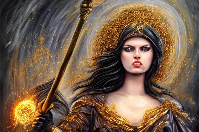 Prompt: angry beautiful Goddess of life with a veil, dark Goddess of artificial intelligence creating an artificial neural network with gold synapses on an anvil with her hammer, high resolution, award winning art, trending on art station, sharp image, incredibly detailed, detailed character, realistic painting, hyper-realistic painting, coherent painting, ethereal halls of valhalla in the background, master piece by Mpemba Tzulu