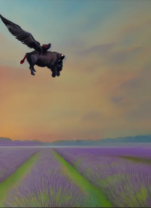 Image similar to A beautiful painting of one flying buffalo with wings in flight over glistening lavender fields at dawn