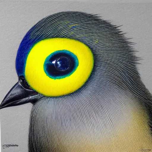 Prompt: a colored pencil drawing of a cap glossy starling with a yellow eye by natalia rojas and ana maria martinez jaramillo, pastel color, gradient black and blue plumage, wingspan, highly detailed, realistic graphite, artstation, 4 k, realism, photorealism, fine art