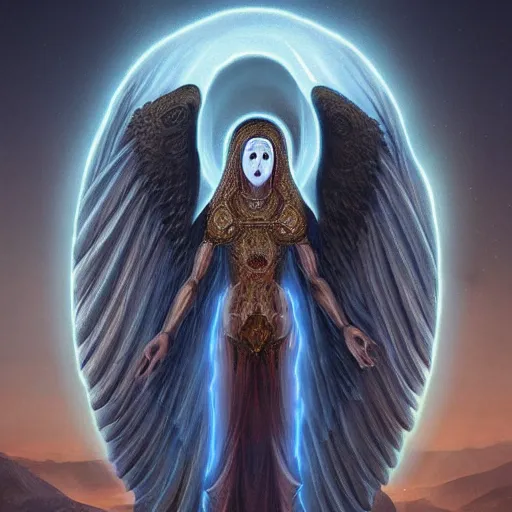 Image similar to giant imposing seraphim with many eyes and many wings, no face, eyes everywhere, hyper realistic, glowing, terrifying, byzantine, artstation