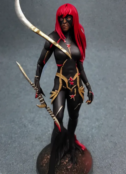 Image similar to 80mm resin detailed miniature of a Dark Elf Female, clothed in dark elf suit, black skin, red eye, long sliver hair, Elven Dagger, Product Introduction Photos, 4K, Full body