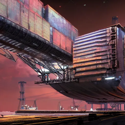 Image similar to photo of Immense industrial futuristic cargo ship arrives at cyber punk city sea port, cinematic lighting, photo