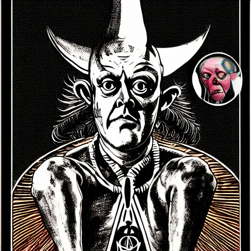 Image similar to graphic illustration, creative design, aleister crowley as baphomet, biopunk, francis bacon, highly detailed, hunter s thompson, mixed media