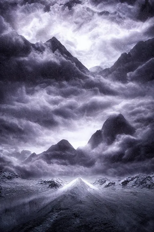 Prompt: digital matte fantasy dreamy mountain scape dark tones snow, alien landscape, photo realism, storm, 8 k by alex grey