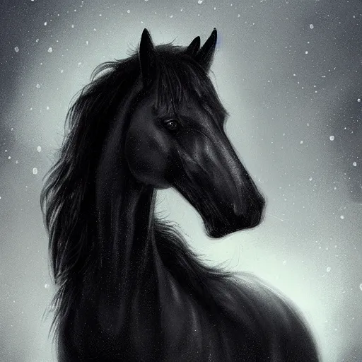 Prompt: a horse with black fur in a dark night by charlie bowater