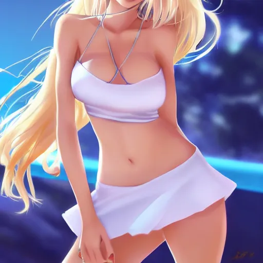 Prompt: full body shot : a very beautiful young blond tennis anime girl, sky blue eyes, smug, bikini, white miniskirt, highly detailed, cinematic wallpaper by stanley artgerm lau
