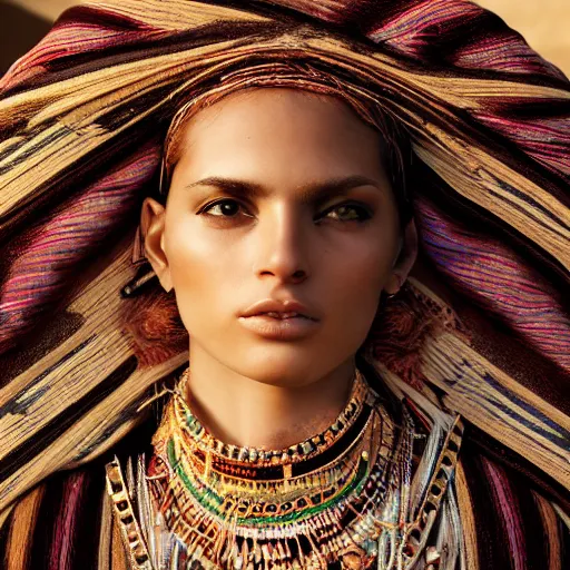 Image similar to portrait of a stunningly beautiful middle eastern tribal female, depth of field, zeiss lens, detailed, symmetrical, centered, fashion photoshoot, by Annie Leibovitz and Steve McCurry, David Lazar, Jimmy Nelsson, Breathtaking, 8k resolution, extremely detailed, beautiful, establishing shot, artistic, hyperrealistic, beautiful face, octane render