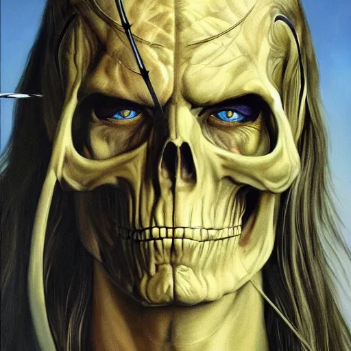 Image similar to ultra realistic portrait painting of skeletor as legolas, art by frank frazetta, 4 k, ultra realistic, highly detailed, epic lighting