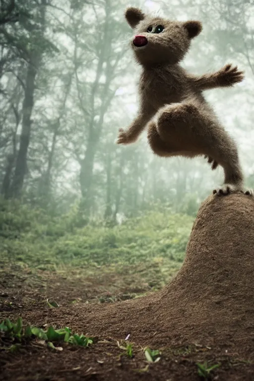 Prompt: A little furry cute monster is excited jumping over a mound in a misty forest, 4k, 8k