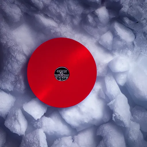 Prompt: an award - winning advertisement photo of a red vinyl, with a snowy mountain and ice, drammatic lighting, sigma 5 0 mm, ƒ / 8, behance