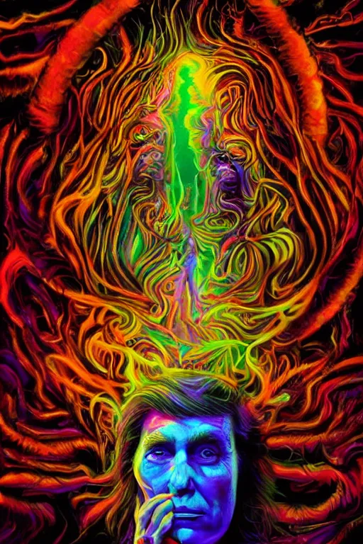 Image similar to psychedelic portrait of trump drinking ayahuasca in a wormhole, psychedelic,, dramatic lighting, concept art, beautiful, artstation