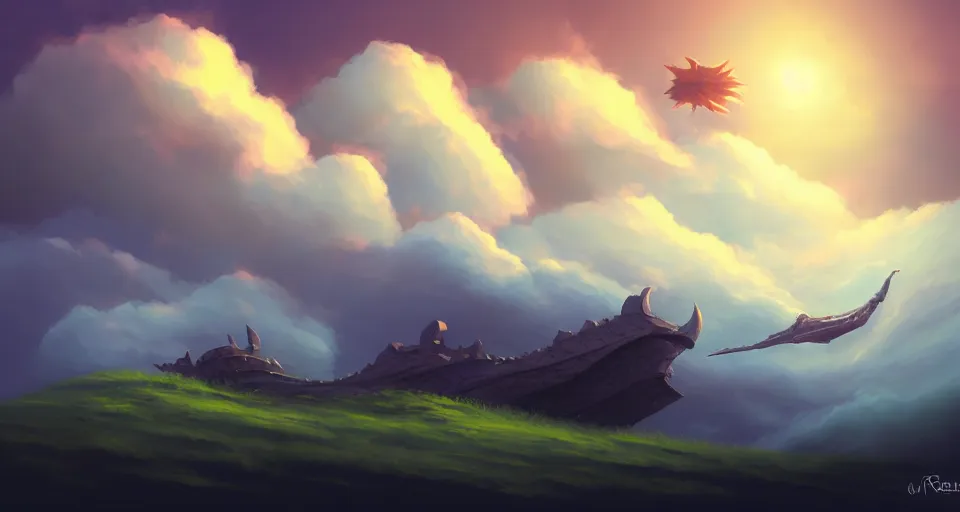 Prompt: a fantasy ship flying through the clouds with blue sky, grass hill, andreas rocha style