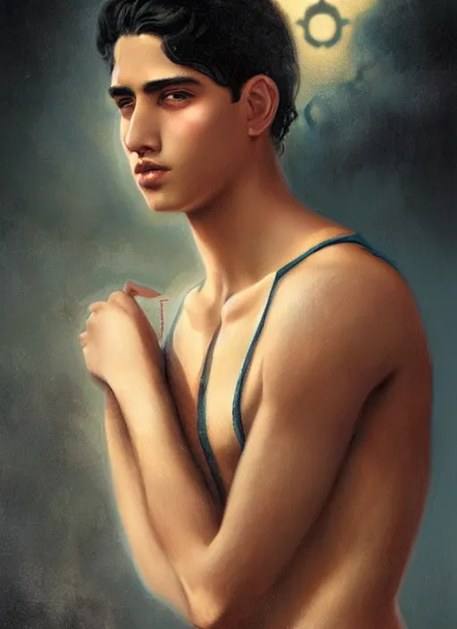 Image similar to a magical portrait of a mexican young male gang member with beautiful brown eyes and short black hair, art by manuel sanjulian and tom bagshaw