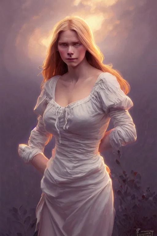 Image similar to clear portrait of a scandinavian attractive women, cottagecore!!, background hyper detailed, character concept, full body, dynamic pose, glowing lights!! intricate, elegant, highly detailed, digital painting, artstation, concept art, smooth, sharp focus, illustration, art by artgerm and greg rutkowski and alphonse mucha