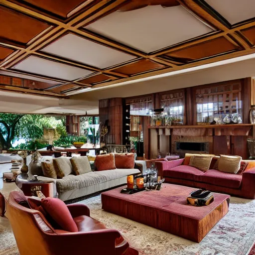 Image similar to A vast beautiful fully stocked living room area in a mansion designed and decorated by Frank Lloyd Wright, rugs, sofa, chairs, fireplace with a fire going, tables,