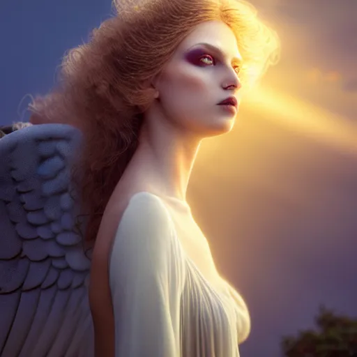 Image similar to photographic portrait of a stunningly beautiful gothic angel in heaven with divine light in soft dreamy light at sunset, contemporary fashion shoot, by edward robert hughes, annie leibovitz and steve mccurry, david lazar, jimmy nelsson, breathtaking, 8 k resolution, extremely detailed, beautiful, establishing shot, artistic, hyperrealistic, beautiful face, octane render