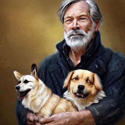 Prompt: portrait of a old, ruggedly handsome man holding a corgi dog, soft hair, muscular, half body, cloth, hairy, d & d, fantasy, intricate, elegant, highly detailed, digital painting, artstation, concept art, smooth, sharp focus, illustration, art by artgerm and greg rutkowski and alphonse mucha