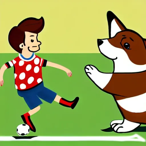 Image similar to illustration of french boy playing football with a corgi wearing a polka dot scarf in paris