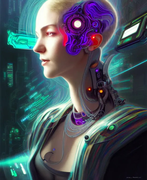 Image similar to a whirlwind of souls rushing inside the metaverse, hologram, half body, piercing, neurochip, shaved temple, jewelry, android, cyborg, cyberpunk face, by loish, d & d, fantasy, intricate, elegant, highly detailed, colorful, digital painting, artstation, concept art, art by artgerm and greg rutkowski and alphonse mucha