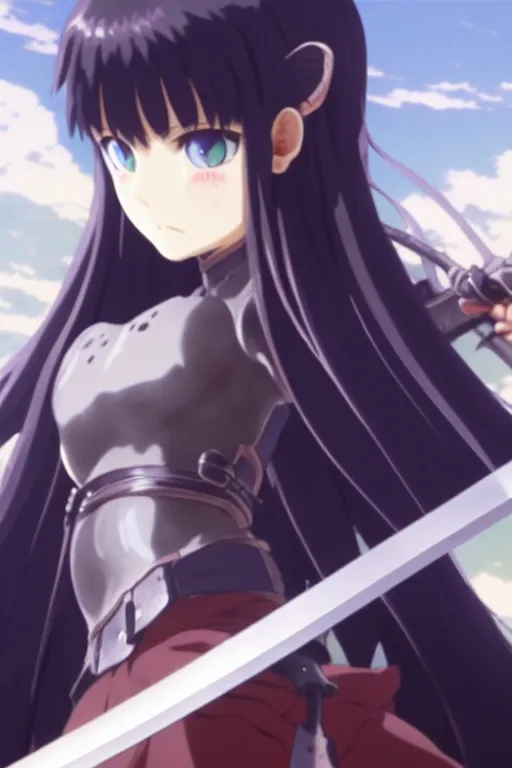 Image similar to a film still portrait of the catgirl armed berserk's sword, finely detailed features, closeup at the faces, perfect art, gapmoe yandere grimdark, trending on pixiv fanbox, painted by greg rutkowski makoto shinkai takashi takeuchi studio ghibli, akihiko yoshida