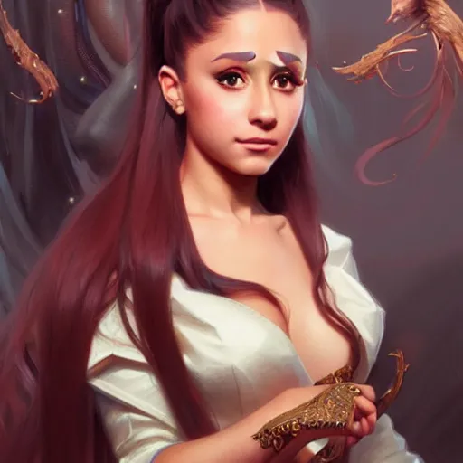 Image similar to Ariana Grande, fantasy, intricate, elegant, highly detailed, digital painting, artstation, concept art, matte, sharp focus, illustration, art by Artgerm and Greg Rutkowski and Alphonse Mucha