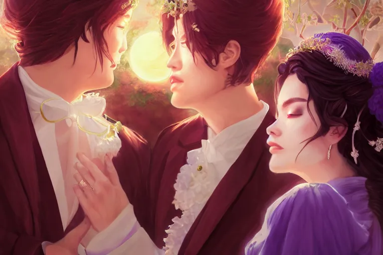 Image similar to a cinematic portrait of wedding photograph jpeg close up moment of a divine a japan sun god and moon goddess lovers magician at a wedding banquet. portraiture. digital painting. artstation. concept art. wedding photo. digital painting. violet evergarden art masterpiece by art by krenz cushart