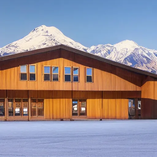 Image similar to architecture photo modern fachwerk wooden school with Elbrus mountain on the background, architecture, photorealism 8k , shining and happy atmosphere, uplight, high details