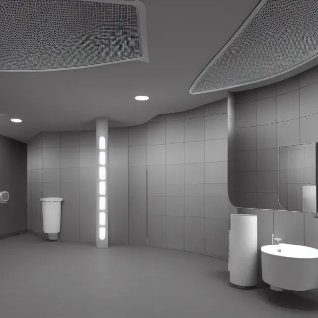 Image similar to a public restroom extending backwards infinitely, bright lighting, octane render, photorealistic, ultrawide shot