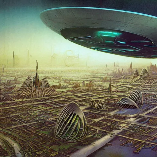 Image similar to future forest city attacked by spaceship, trees, plant, broken buildings, doom of the gods, monster, gravity mess, star trek, glory war, photograph, by arthur haas and bruce pennington and john schoenherr, cinematic matte painting, zaha hadid building, photo realism, dark moody color palate, blue hour stars, desolate glacial landscape,