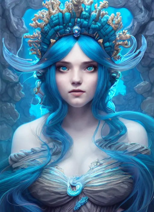 Prompt: highly detailed ilustration of a beautiful blue haired woman as a deep sea princess in a coral city of deep sea, deep focus, d & d, fantasy, intricate, elegant, highly detailed, digital painting, artstation, concept art, matte, sharp focus, illustration, hearthstone, art by artgerm and greg rutkowski and alphonse mucha