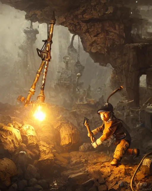 Image similar to oil painting of hamster miner mining gold with pickaxe, steampunk style, close shot, full body, narrow dark steampunk mine shaft background, sharp focus, fantasy style, octane render, volumetric lighting, 8k high definition, by greg rutkowski, highly detailed, trending on art Station, dungeons and dragons artwork, centered