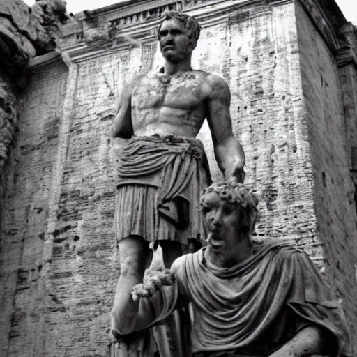 Prompt: Recovered photo of actual living julius caesar taken in front of the roman forum. He looks tired but is giving thumbs up. Sepia.